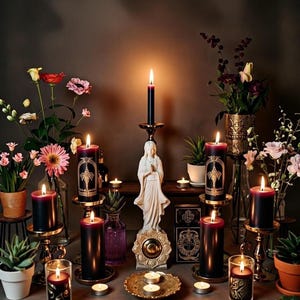 May include: An arrangement of lit candles, flowers, and decorative items. Black candles with gold accents and a cross design are displayed on ornate holders. A statue and small potted plants are also present.