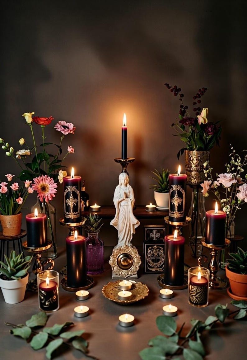 May include: An arrangement of lit candles, flowers, and decorative items. Black candles with gold accents and a cross design are displayed on ornate holders. A statue and small potted plants are also present.