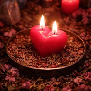 May include: A heart-shaped red candle with two lit wicks sits in a bronze-coloured bowl filled with dried leaves and petals. The candle is the focal point, with other lit candles and floral accents in the background.