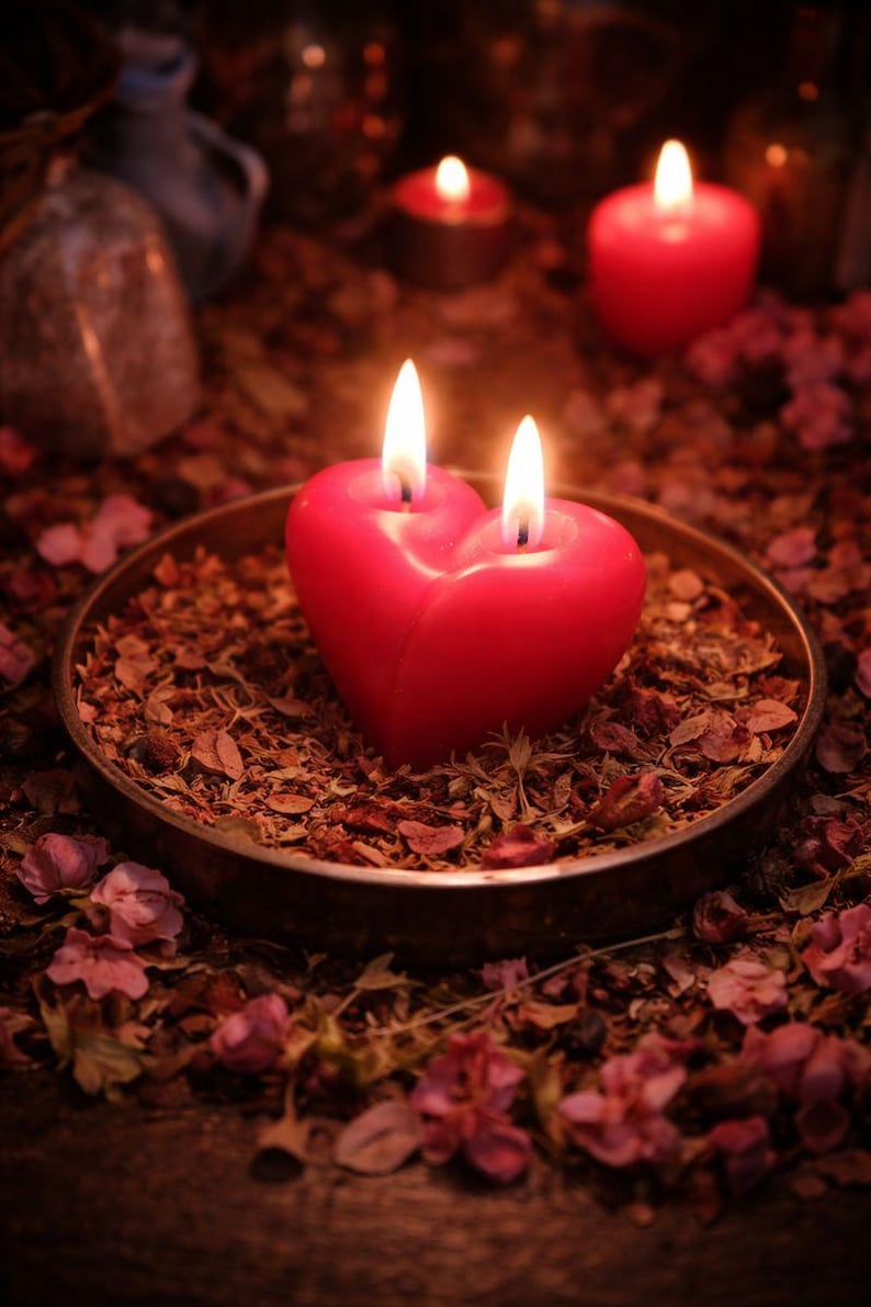May include: A heart-shaped red candle with two lit wicks sits in a bronze-coloured bowl filled with dried leaves and petals. The candle is the focal point, with other lit candles and floral accents in the background.