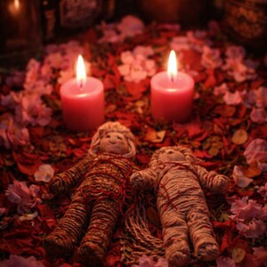 May include: Two handmade voodoo dolls rest on a bed of red rose petals and pink flowers, with two lit pink candles in the background. The dolls are wrapped in twine and red thread, with smiling faces.
