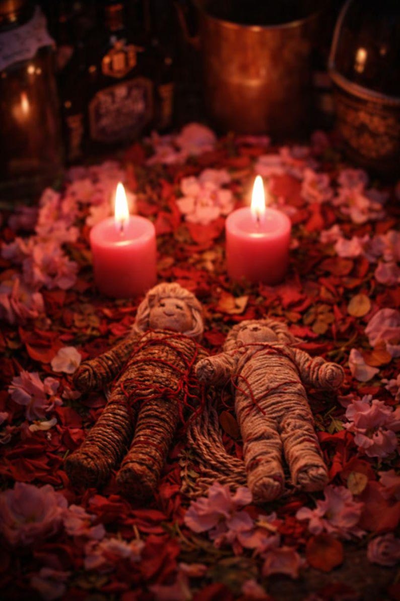 May include: Two handmade voodoo dolls rest on a bed of red rose petals and pink flowers, with two lit pink candles in the background. The dolls are wrapped in twine and red thread, with smiling faces.
