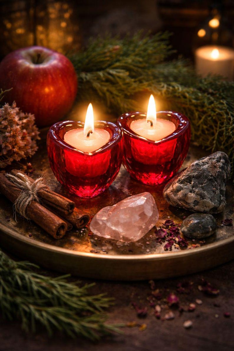 May include: Two heart-shaped red glass candle holders with lit white candles, displayed on a brass tray with cinnamon sticks, a red apple, crystals, and greenery. The scene evokes a sense of warmth and tranquility.