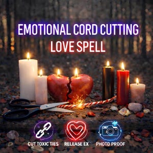 Könnte beinhalten: Ein Bild mit brennenden Kerzen, einem gespaltenen Apfel, einer Schere und einer brennenden Lunte. Der Text "EMOTIONAL CORD CUTTING LOVE SPELL" ist oben zu sehen. Symbole unten zeigen "CUT TOXIC TIES", "RELEASE EX" und "PHOTO PROOF".