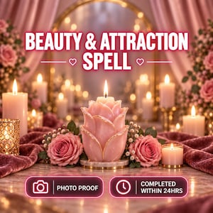 May include: A pink lotus-shaped candle with gold-trimmed petals sits on a marble base, flanked by two pink roses. The text reads BEAUTY & ATTRACTION SPELL, PHOTO PROOF, and COMPLETED WITHIN 24HRS. Multiple lit candles and pink fabric surround it.