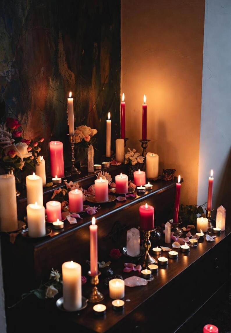May include: A display of lit candles in shades of red, pink, and white, on a dark wooden surface. Some candles are in holders, with rose petals and crystals. The scene is dimly lit, creating a warm and inviting atmosphere.