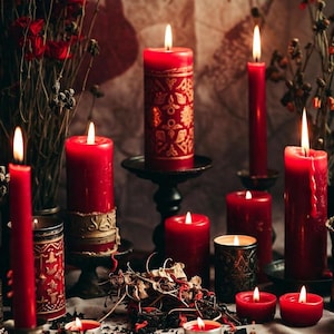 May include: A collection of lit red candles of various sizes and shapes, including pillar and taper candles. Some candles have decorative patterns. The scene is set with dried flowers and a soft, warm light, creating a cozy atmosphere.