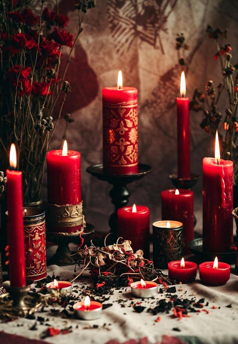 May include: A collection of lit red candles of various sizes and shapes, including pillar and taper candles. Some candles have decorative patterns. The scene is set with dried flowers and a soft, warm light, creating a cozy atmosphere.