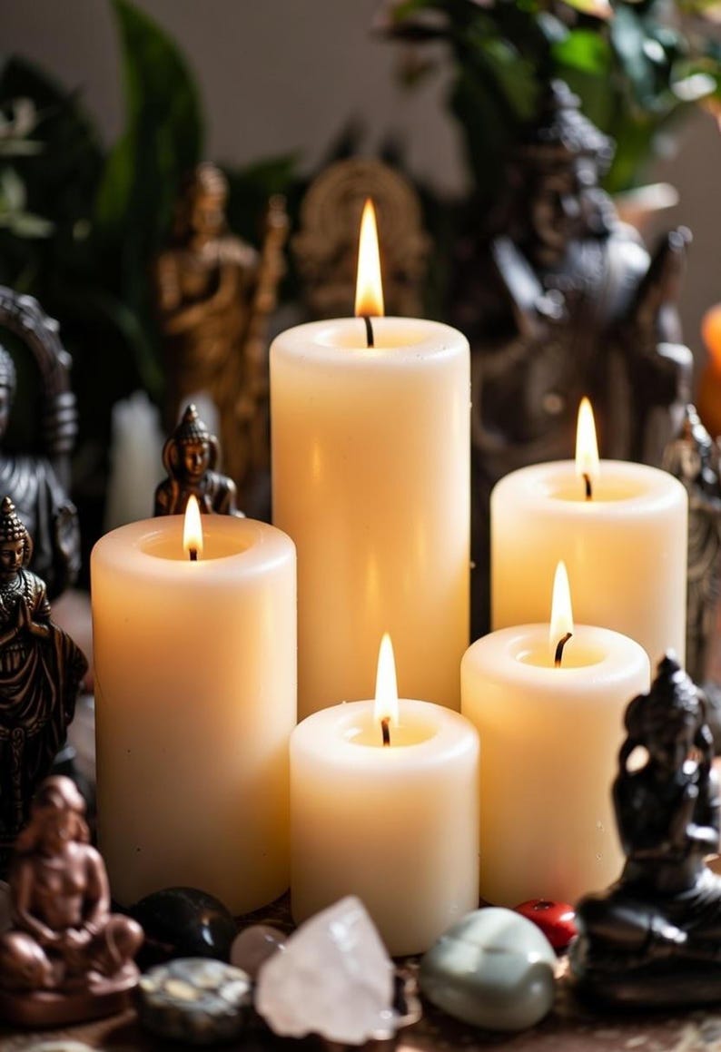 Pode incluir: Cinco velas de pilar de cor marfim com chamas acesas. As velas de diferentes alturas s&atilde;o cercadas por pequenas est&aacute;tuas, cristais e pedras. O fundo est&aacute; desfocado, sugerindo um tema espiritual ou decorativo.