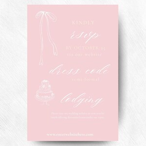 May include: A pink wedding invitation card with white text and illustrations. The card includes the words "RSVP", "Dress Code", and "Lodging". A bow and cake illustration are also present.