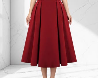 Gonna a trapezio plissettata con tasche, vita alta, midi, abbigliamento da lavoro vintage in tinta unita