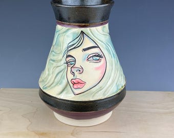 Hand Carved Stoneware Flower Vase with Painted Portrait