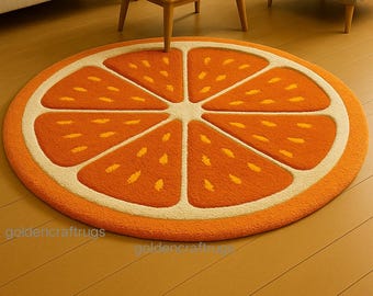 Handmade Orange Slice Rug, Tufted Wool Cotton Blend, Citrus Kitchen Mat