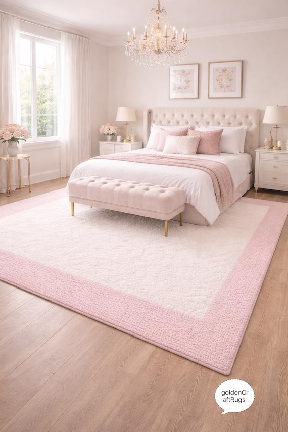 Blush Pink Border Wool Area Rug | Soft Ivory Center, Modern Minimalist Carpet