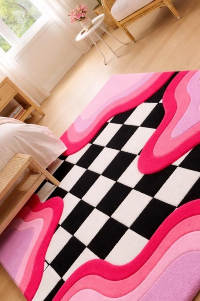 Pink Rup Pattern Handmade Tufted Wool Rug, Pink Purple Wavy Checkerboard, Y2K - Etsy