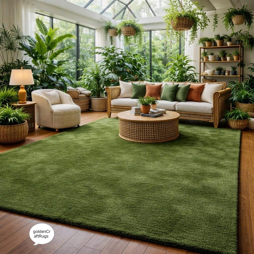 Solid Green Plush Area Rug, Modern Minimalist Living Room Carpet (8x10 ...