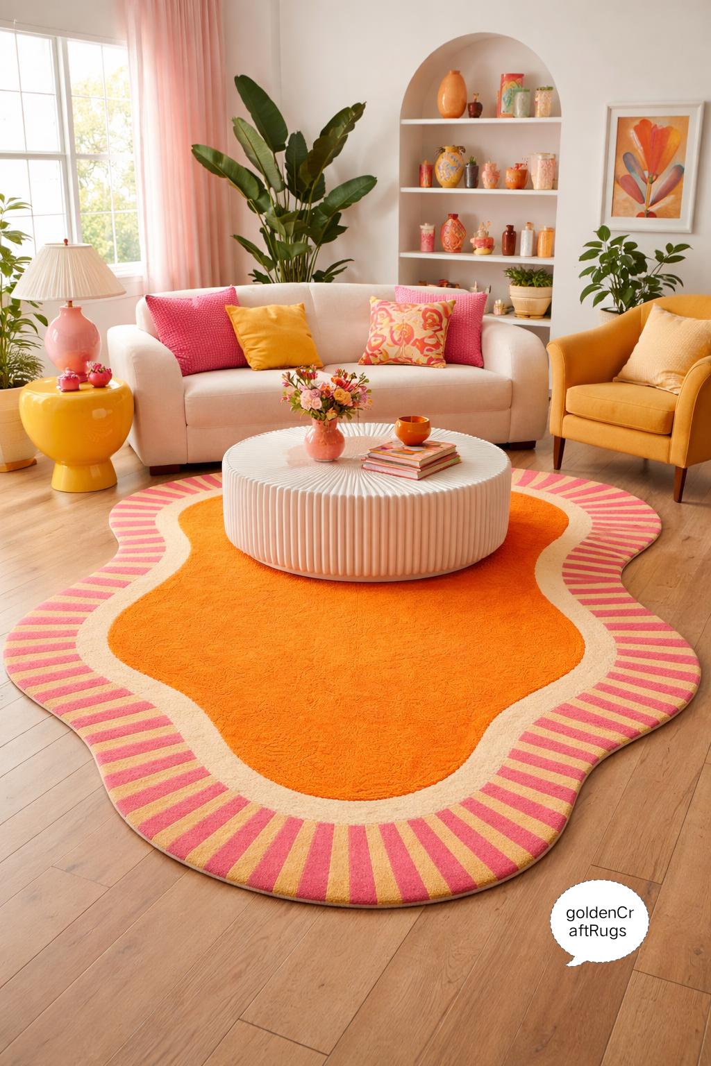 Handgetufteter abstrakter Wollteppich, unregelmäßige Wellenform, orange-rosa Bordüre, individuelle Teppichgröße
