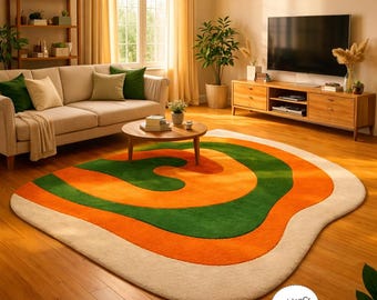 Hand-Tufted Wool Rug: Retro 70s Green & Orange Wavy Design Shape Irregular