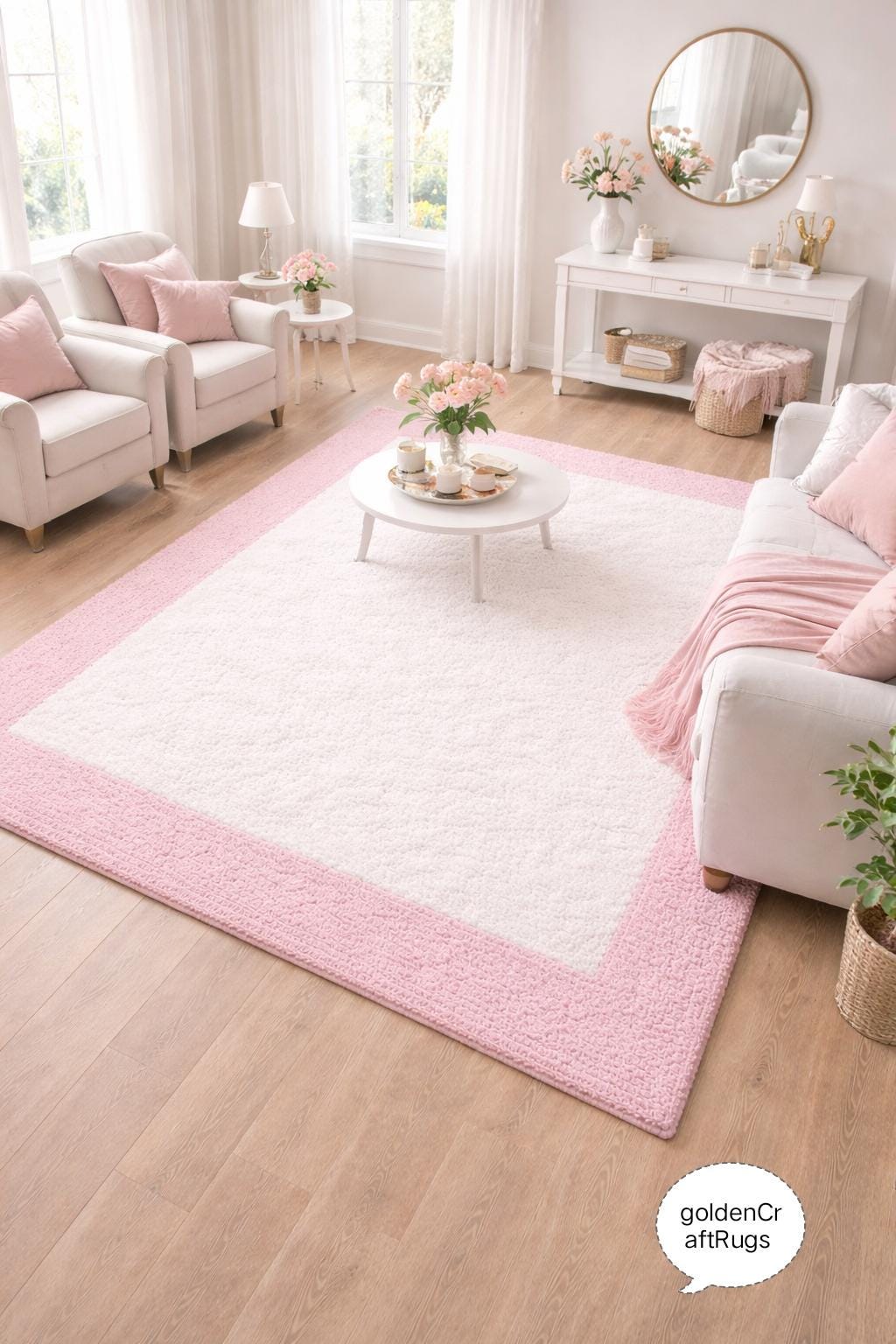 Blush Pink Border Wool Area Rug | Soft Ivory Center, Modern Minimalist ...