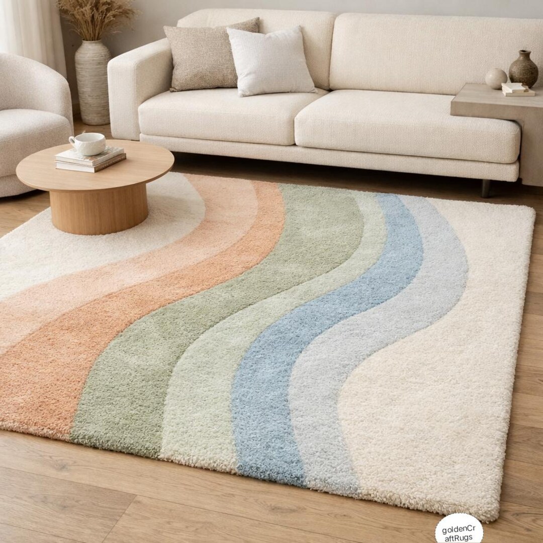 Luxury Hand Tufted Abstract Area Rug, Modern Wavy Design Neutral Pastel ...