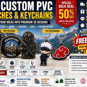 May include: Custom PVC patches and keychains with various designs, including anime characters and logos. Available sizes range from 5 cm to 10 cm. Features include vibrant colours, 3D raised design, and flexible soft PVC.