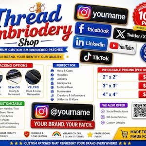 May include: A promotional graphic for custom embroidered patches featuring social media icons for Instagram, Facebook, Twitter, LinkedIn, YouTube, and TikTok. It displays backing options, customisation features, and wholesale pricing in inches.