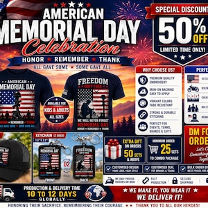 May include: Promotional image for American Memorial Day. Features navy blue t-shirts, a hat patch, and keychains with patriotic designs. Includes text: "American Memorial Day Celebration" and "Freedom Isn't Free." Also shows a 50% off sale.