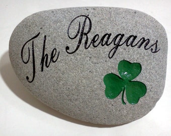 Engraved Stone with Family Name and Shamrock