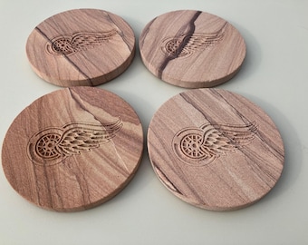 Sandstone Drink Coaster, engraved with Detroit Red Wings Logo, set of four