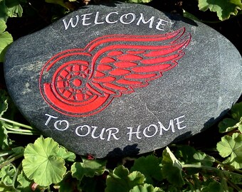 Engraved Welcome Stone with Red Wings Logo