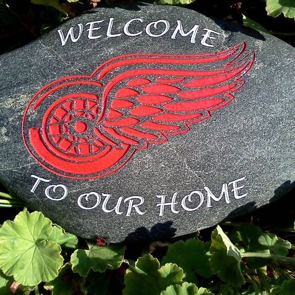 Engraved Welcome Stone with Red Wings Logo