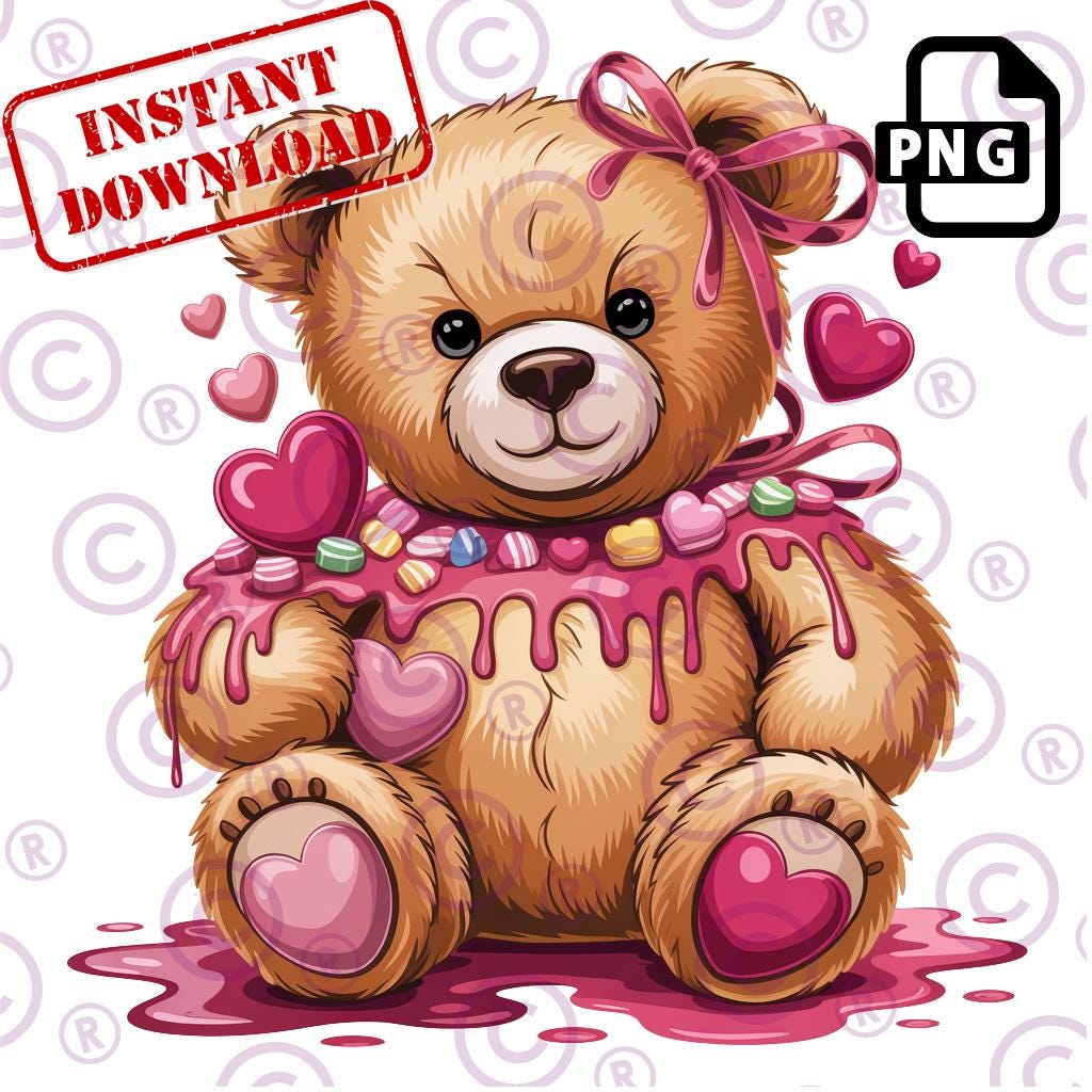 Valentine Teddy Bear PNG, Cute Bear With Hearts and Pink Drip ...
