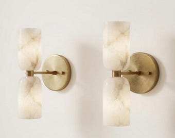 Alabaster Marble Brass Wall Sconce Double Cylinder Handmade Brass Fixture Mid Century Modern Alabaster Lamp Handcrafted Lighting Fixture