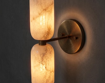 Alabaster Marble Brass Wall Sconce Double Cylinder Handmade Brass Fixture Mid Century Modern Alabaster Lamp Handcrafted Lighting Fixture