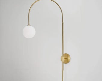 Mid Century Modern Swing Arm Brass Wall Sconce with Milky Globe Wall Light Minimalist Vanity Wall Lamp Bedroom Living Room Lighting Fixture