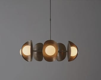 Large Modern Brass Sputnik Chandelier – Seven Globe Mid Century Ceiling Light – Handmade Milky Glass Pendant – Custom Linear Brass Fixture