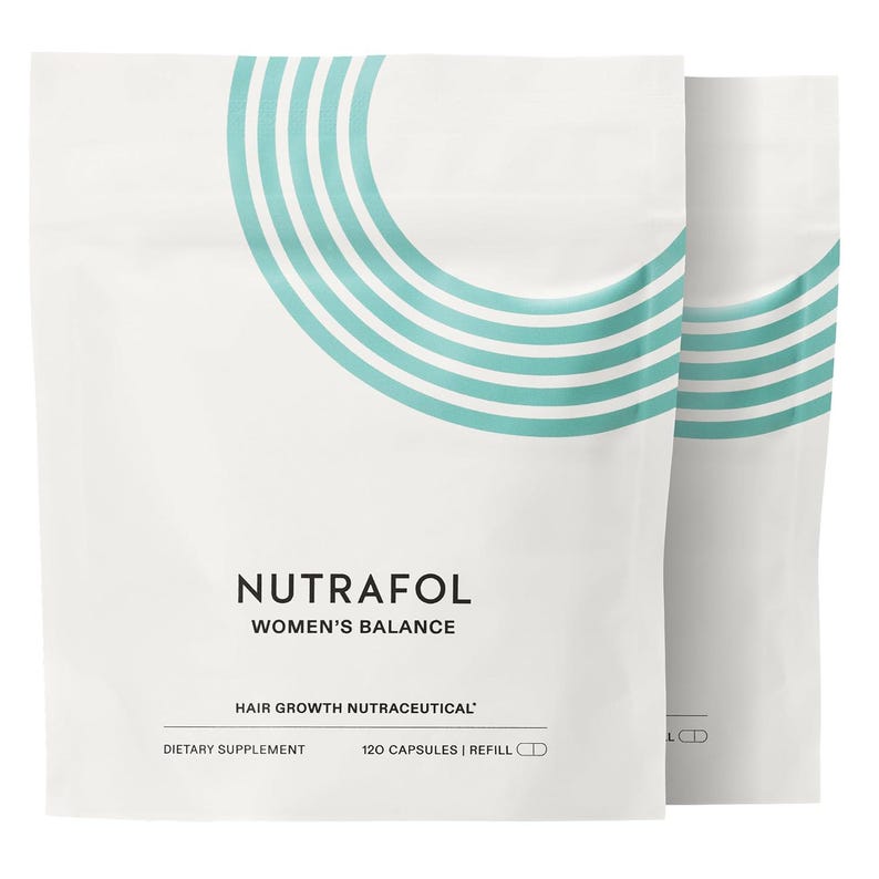 May include: White pouch with teal horizontal lines and the text "NUTRAFOL WOMEN'S BALANCE". The pouch also includes the text "HAIR GROWTH NUTRACEUTICAL", "DIETARY SUPPLEMENT", and "120 CAPSULES | REFILL".