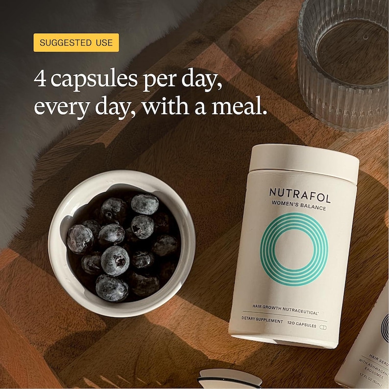 May include: A white cylindrical bottle of Nutrafol Women's Balance hair growth supplement with a teal circular design and text. A small white bowl filled with blueberries sits next to the bottle. The text "4 capsules per day, every day, with a meal" is also visible.