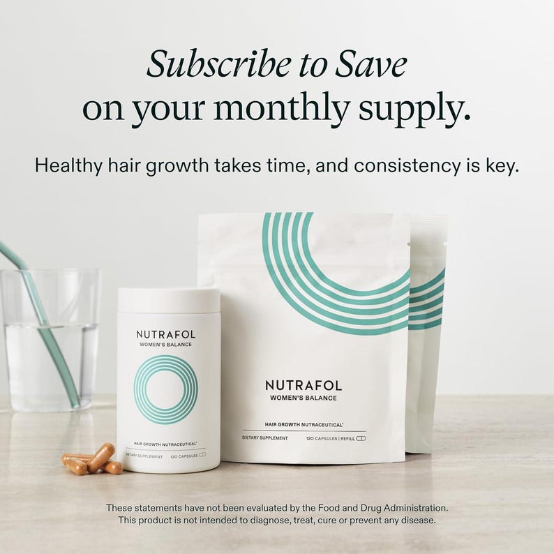 May include: A white bottle and pouch of Nutrafol Women's Balance hair growth nutraceuticals. The bottle and pouch have a teal and white design. The text "Subscribe to Save on your monthly supply" is at the top.