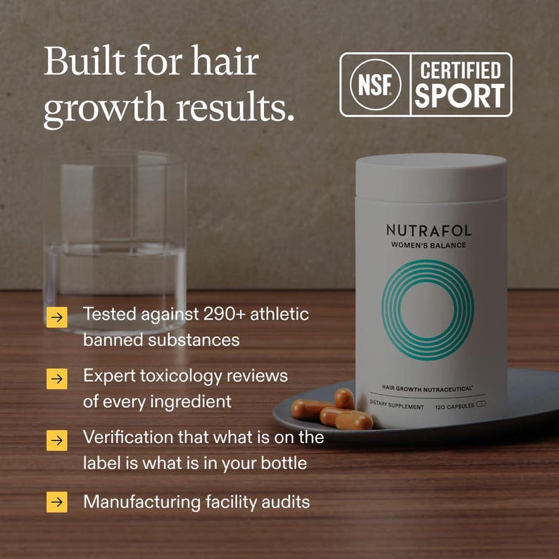 May include: White cylindrical bottle of Nutrafol Women's Balance hair growth supplement with a teal circular design. The image includes a glass of water, capsules, and text: "Built for hair growth results." and "Certified Sport."