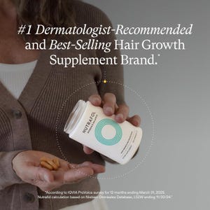 May include: A white bottle of Nutrafol Women's Balance hair growth supplement is held in a person's hand. The bottle has a teal and white design. The image includes the text: #1 Dermatologist-Recommended and Best-Selling Hair Growth Supplement Brand.