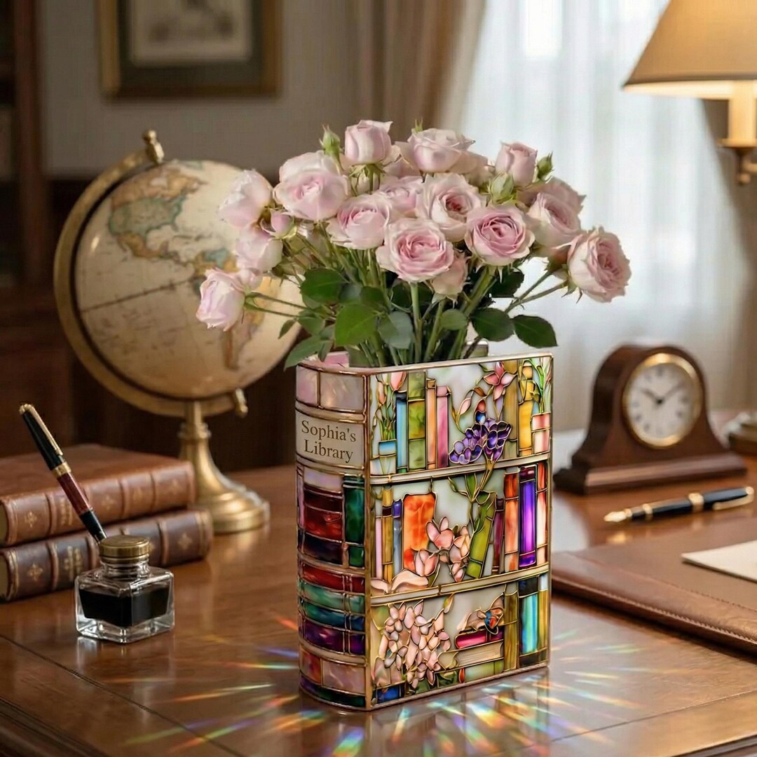Custom Stained Glass Style Ceramic Book Vase, Personalized Library Vase ...
