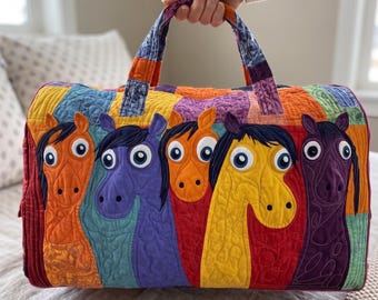 Borsa da viaggio trapuntata con allegri cavalli, borsa da weekend per amanti dei cavalli, borsa da viaggio per appassionati di equitazione, borsa da viaggio per la notte, borsa da cabina, regalo per lei