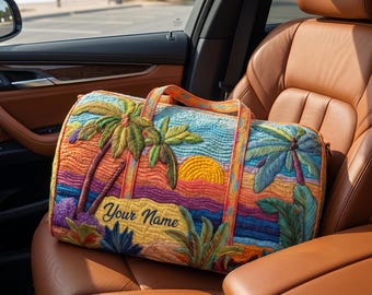 Personalized Tropical Beach Quilted Duffle Bag, Custom Name Coastal Weekender Bag, Seaside Travel Carry On, Vacation Gift for Her