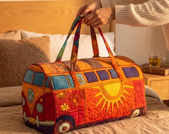 Hippie Van Quilted Duffle Bag, Retro Camper Weekender Bag, Boho Travel Tote, Colorful Overnight Bag, Road Trip Gift