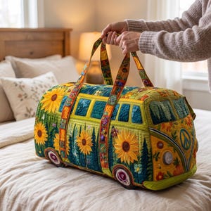Hippie Sunflower Quilted Duffle Bag, Boho Travel Bag, Floral Weekender Bag, Summer Carry On Duffle, Women Travel Bag