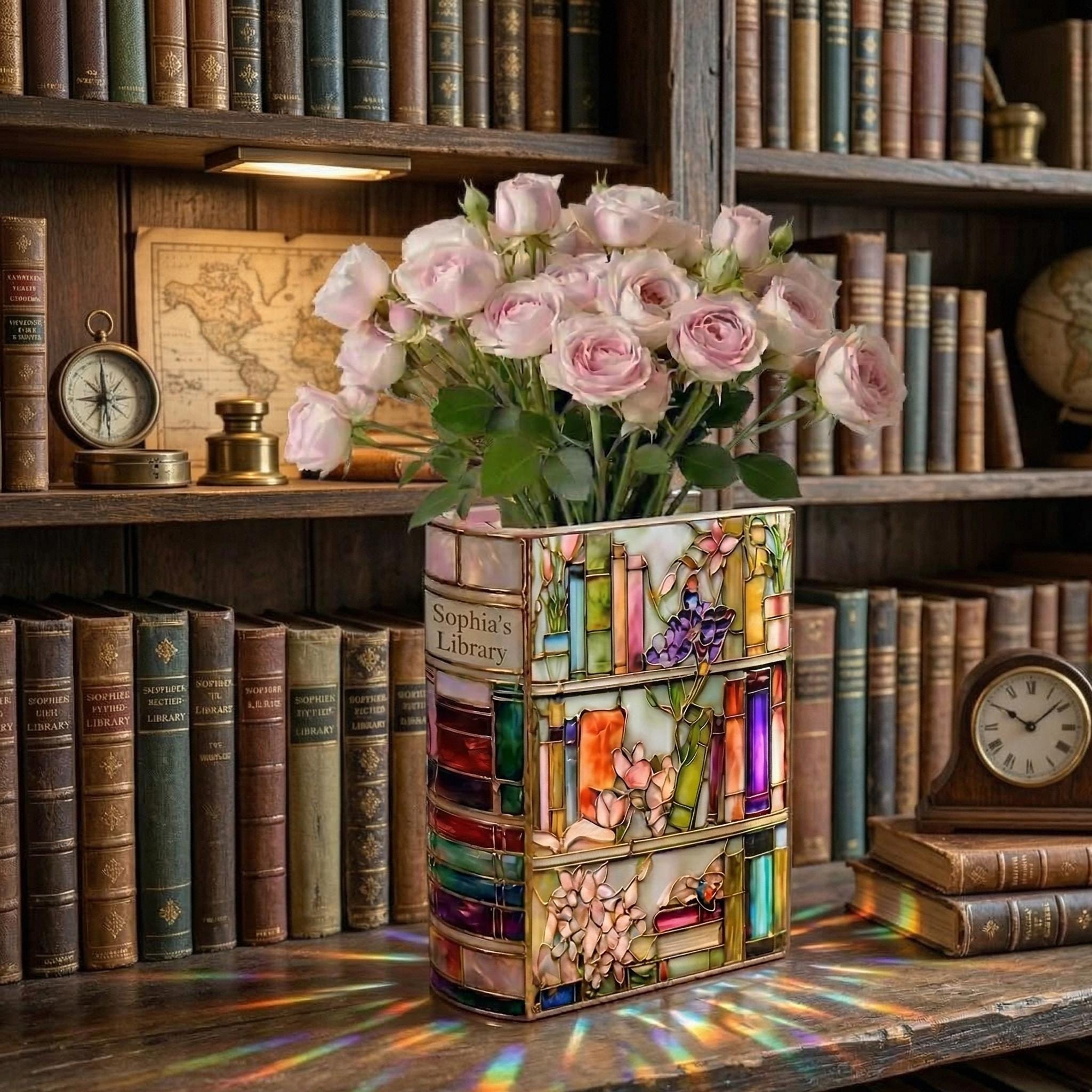 Custom Stained Glass Style Ceramic Book Vase, Personalized Library Vase ...