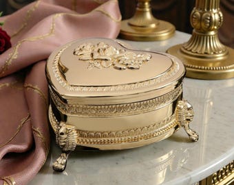 Floral Lid Gold tone Jewelry Box | Vintage Style Trinket Storage