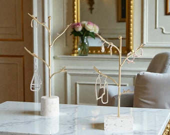 Gold Jewelry Tree Stand | Marble Base Earring & Necklace Organizer