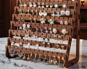 Wooden Earring Holder Stand | Multi-Tier Jewelry Organizer | Hanging & Stud Earring Display Rack